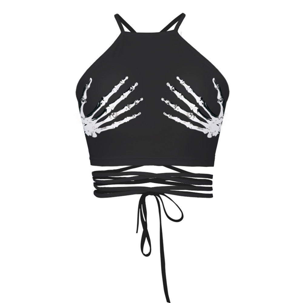 Adogirl New Bra Crop Top Tank Women Skeleton Hand Print Sexy Summer Strapless Halter Neck Vest Backless Crop Tops