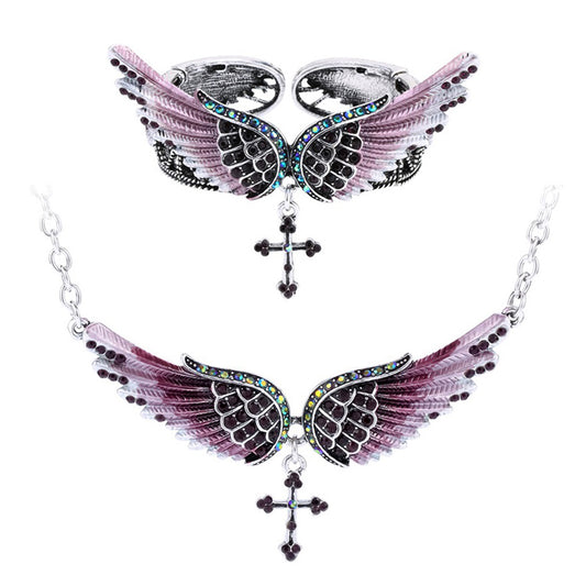 Angel wing cross necklace bracelet sets women biker jewelry birthday gifts women her girlfriend wife mom