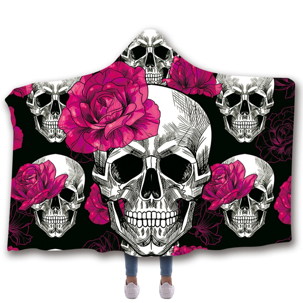 Anti-Samely Scarves & Wraps Hooded Blanket 3D Print rose Red peony skull hooded poncho scarf shawl manteau femme hiver