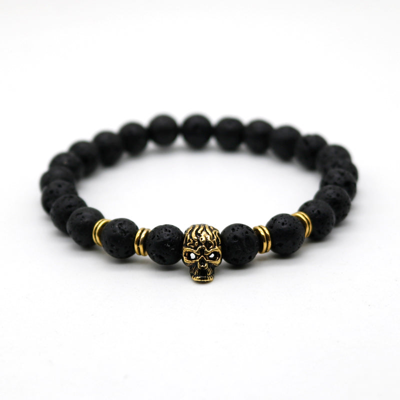 Antique Gold Color Skeleton Skull Bracelet Men With Black Lava Stone Bead Bracelets Pulseira Masculina HS-1