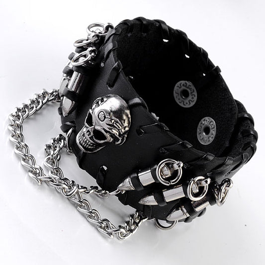 Men's Black PU Leather Bullet Wristband Adjustable Skull Metal Chain Bracelet Punk Biker Rock Gothic 1pc Cool Bracelet