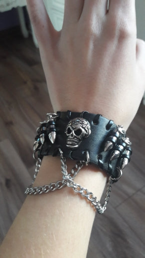 Men's Black PU Leather Bullet Wristband Adjustable Skull Metal Chain Bracelet Punk Biker Rock Gothic 1pc Cool Bracelet