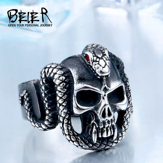 retro style stainless steel Vintage snake ring with red stone devil skull biker exquisite jewelry for man  BR8-440