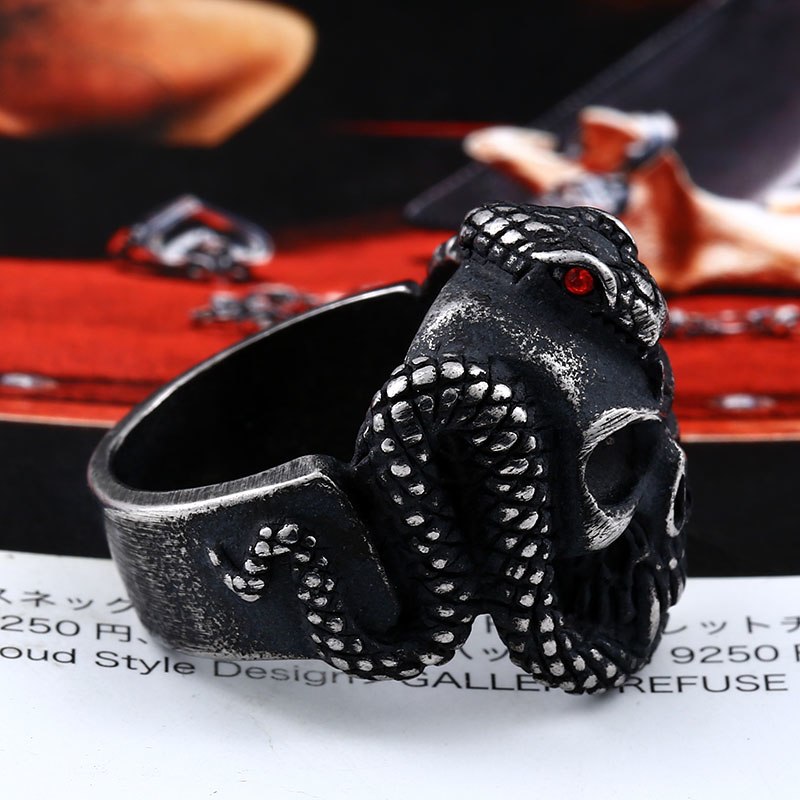 retro style stainless steel Vintage snake ring with red stone devil skull biker exquisite jewelry for man  BR8-440