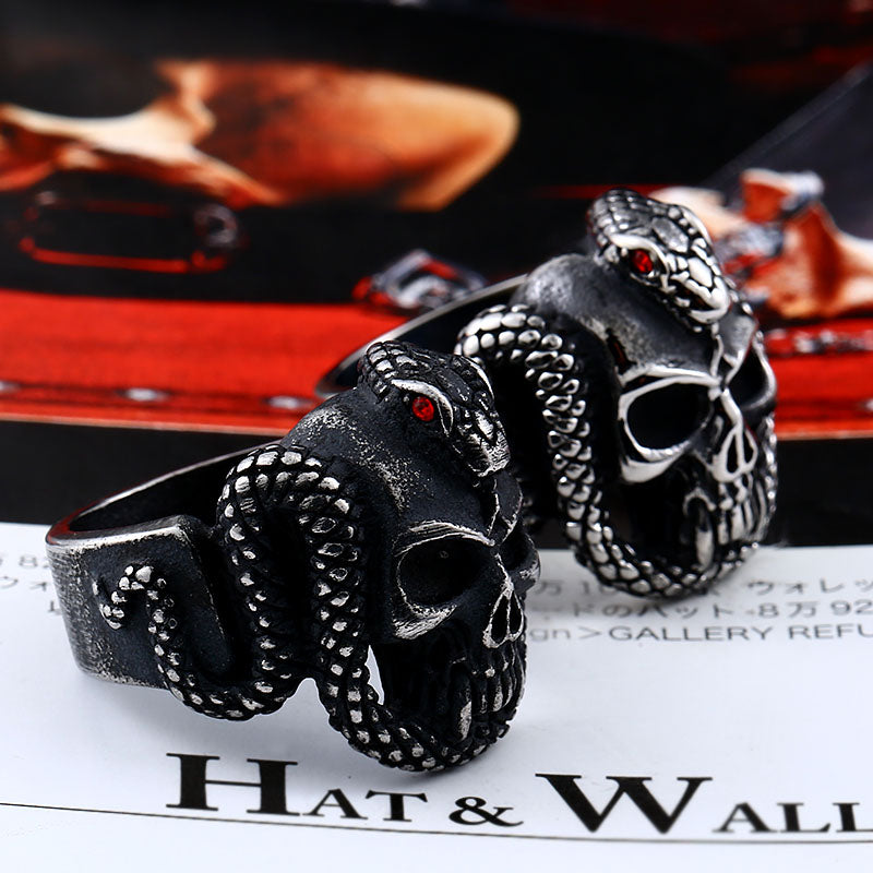 retro style stainless steel Vintage snake ring with red stone devil skull biker exquisite jewelry for man  BR8-440