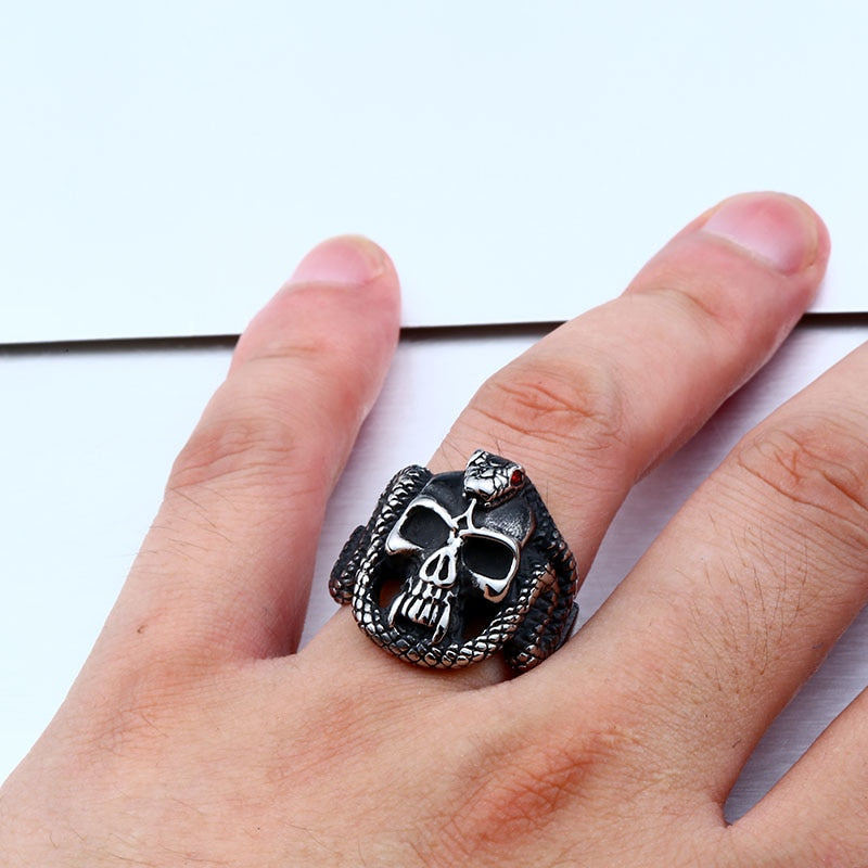 retro style stainless steel Vintage snake ring with red stone devil skull biker exquisite jewelry for man  BR8-440