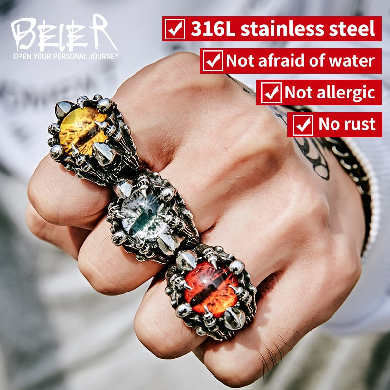 Punk Rock Claw with three Zircon stone evil eye CZ ring men anniversary Biker Skull  jewelry christmas Gift BR8-479