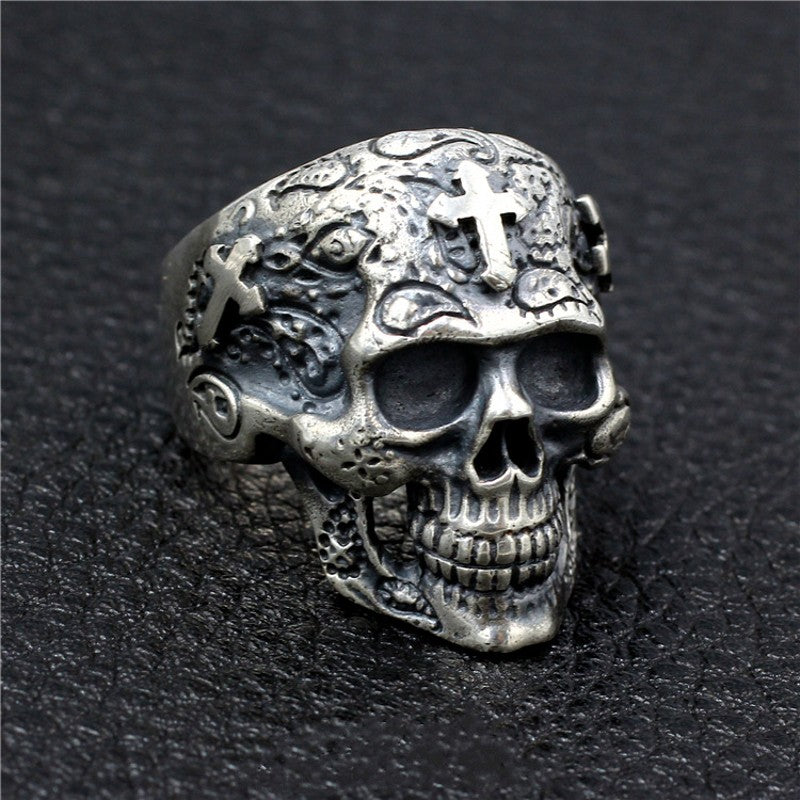 S925 pure silver skull men's ring handmade cross ghost head