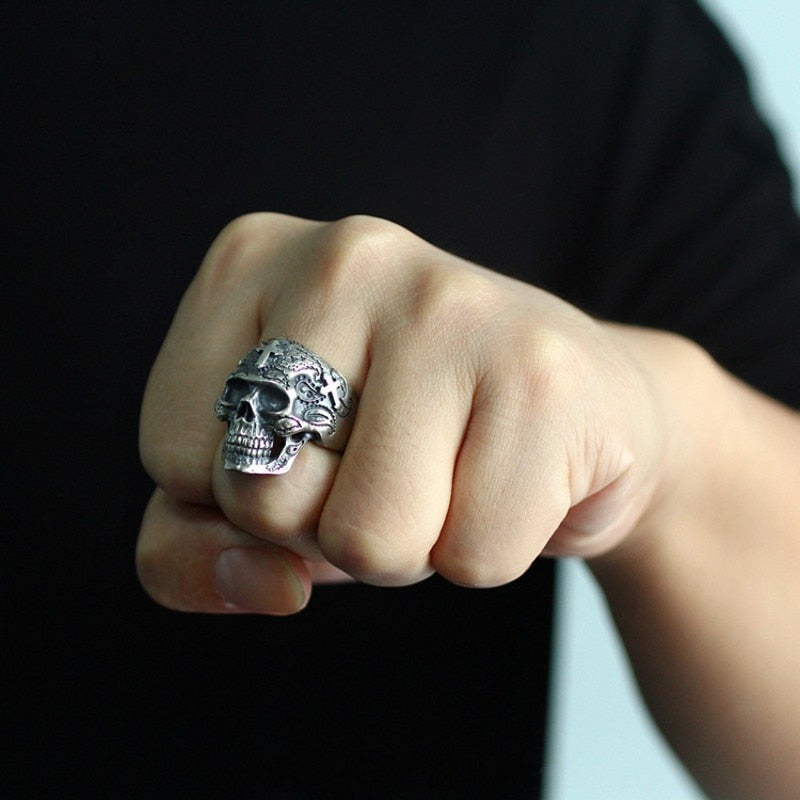 S925 pure silver skull men's ring handmade cross ghost head