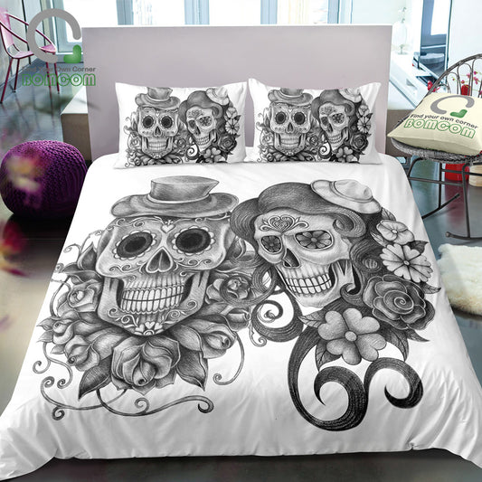 BOMCOM 3D Digital Printing Sugar Skull Day Of The Dead Kissing Skulls Best Friends 100% Microfiber  White