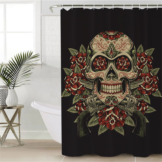 BeddingOutlet Floral Sugar Skull Shower Curtain Waterproof Vintage Bathroom Curtain With Hooks Flowers Black White Curtain