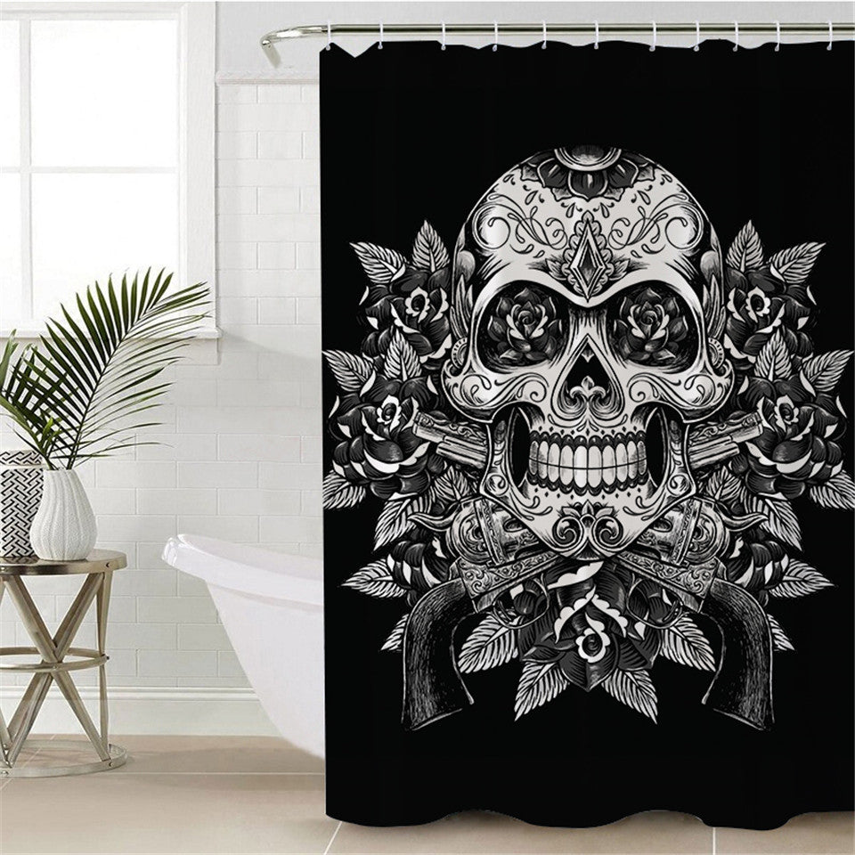 BeddingOutlet Floral Sugar Skull Shower Curtain Waterproof Vintage Bathroom Curtain With Hooks Flowers Black White Curtain