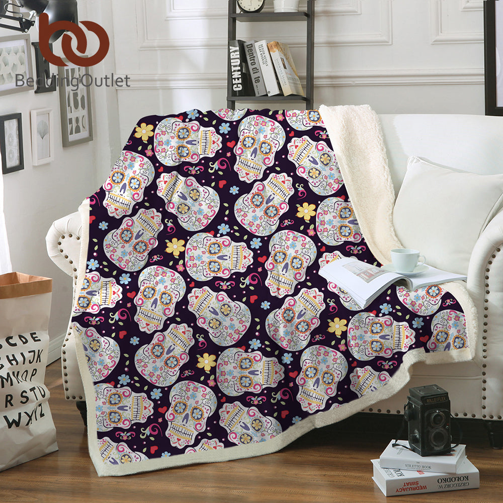 BeddingOutlet Fluffy Fleece Sherpa Blanket Colorful Retro Floral Skull Design Soft Fuzzy Cozy Velvet Front and Fuzzy Sherpa Back