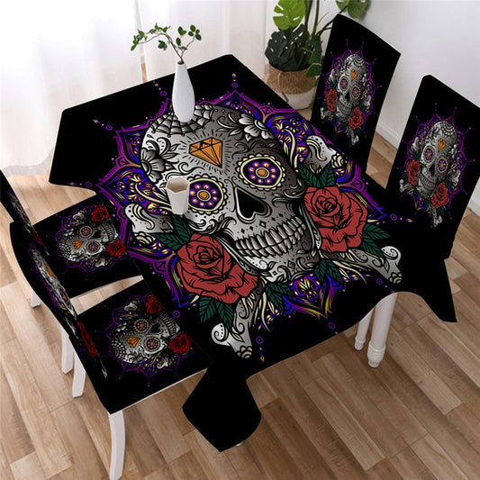 Skull Tablecloth Gothic Colorful Waterproof Table Cloth Rose Floral