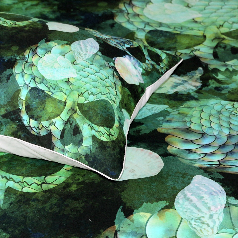 Skull Bedding Set Marine Shells Duvet Cover Green Squama 3pcs