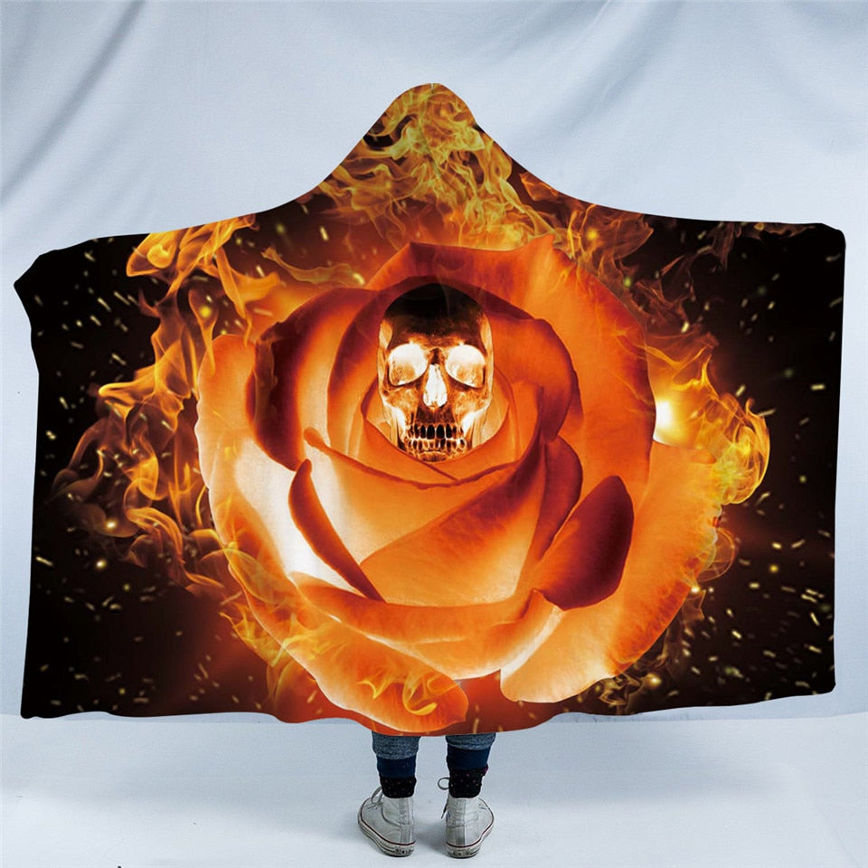 BeddingOutlet Skull Collection Hooded Blanket 3d Blue Fire Flame Sherpa Fleece Wearable Blanket Floral Stylish Throw Blanket