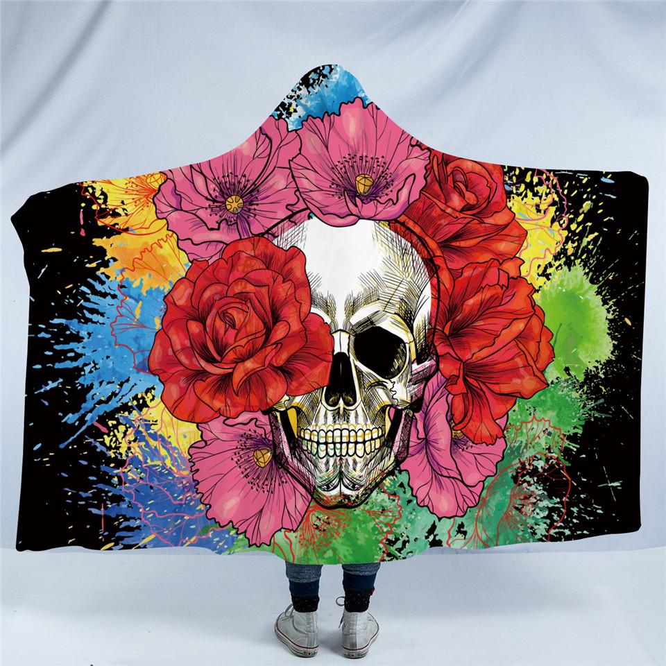 Skull Collection Hooded Blanket for Adults Flame Motorcycle Sherpa Fleece Wearable Blanket Throw Blanket Bedding