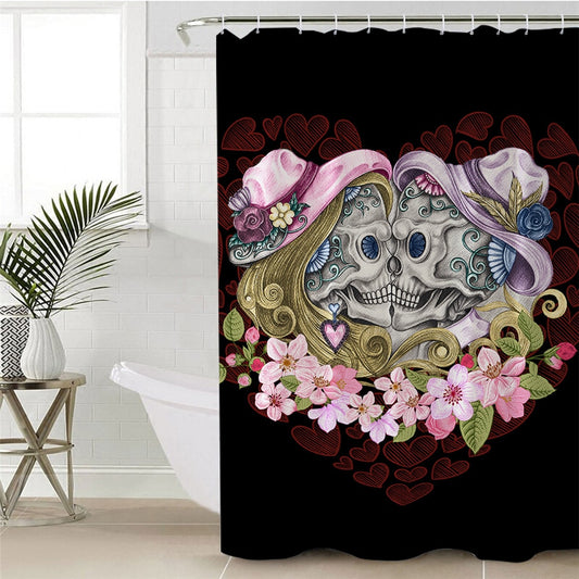 Skull Couples Shower Curtain Waterproof Polyester Pink Flowers Gothic Bath Curtain With Hooks