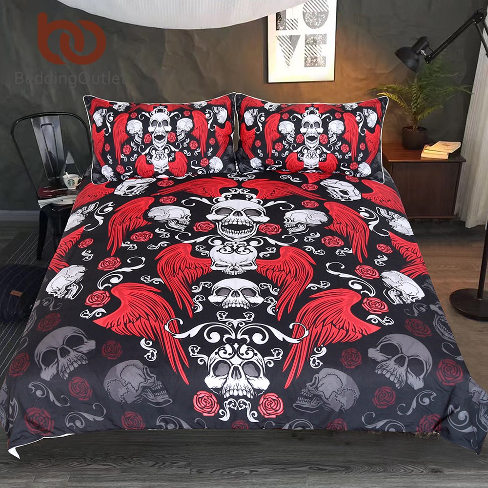 Skull With Wings Bedding Set Roses Gothic Duvet Cover 3pcs