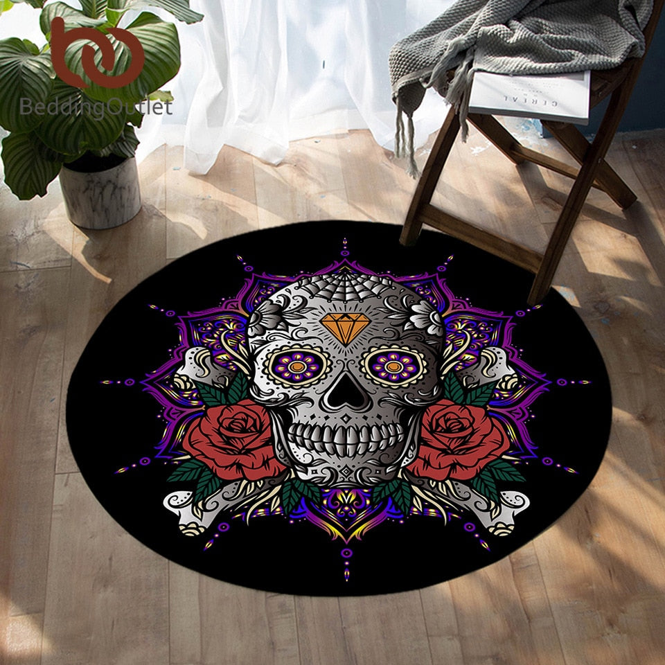 Sugar Skull Area Rugs Red Rose Non slip Round Carpet