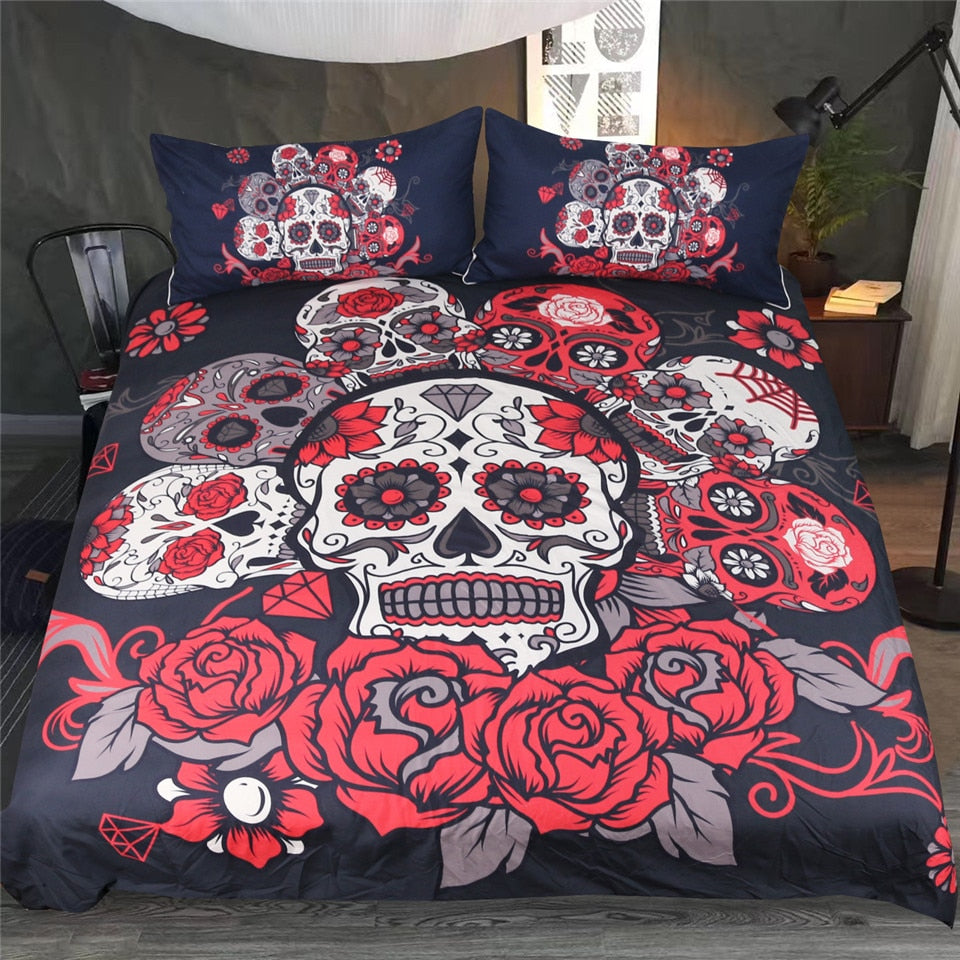 Sugar Skull Bedding Set Roses Duvet Cover With Pillowcases Floral