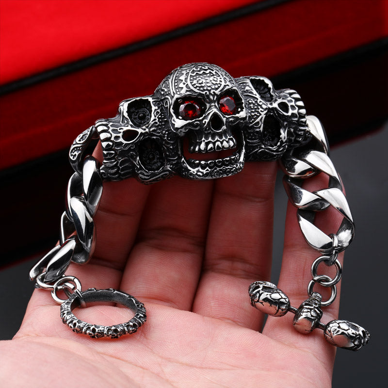 Stainless Steel bracelet red eyes stone skull Bracelet for Man punk bike Carved pattern high quality gift LLBC8-021R