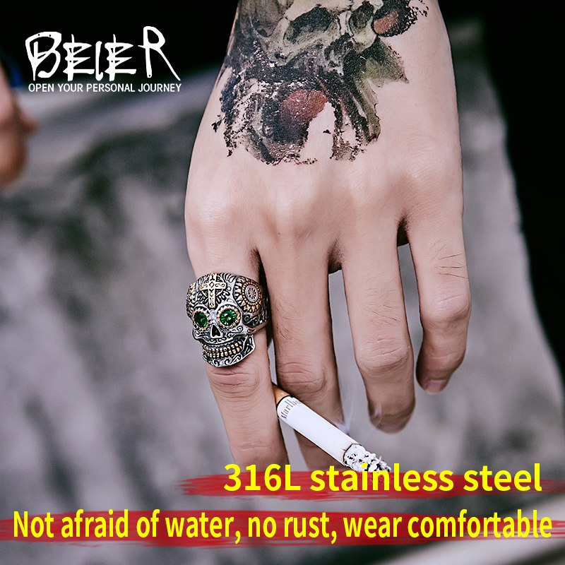 316L Stainless Steel gem ring Cross skull biker men Ring hot sale Man's fashion jewelry LLBR8-327R