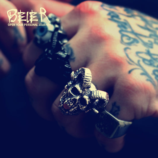 New store 316L Stainless Steel men ring  Goat horns skull punk biker ring  fashion jewelry