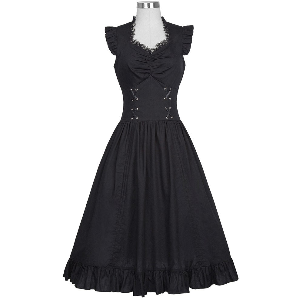 Women Sleeveless V-Neck Lace-up Corset Ruffle Dress Retro Vintage Steampunk Black Punk Gothic Victorian Dress