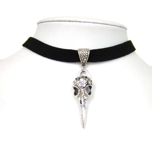 Black 10mm Flat Faux Suede Cord Crow Raven Skull Bird Charm 13" Choker Necklace 38x13mm