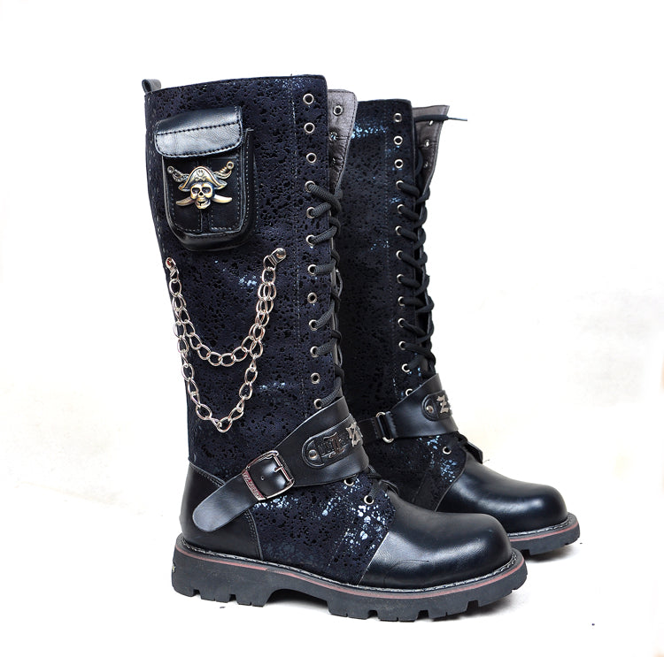 Black Army Gothic Boots Men Military Combat Metal Skull Buckle Motorcycle Punk High Leather Men's Shoes Rock Bota Masculina Hot