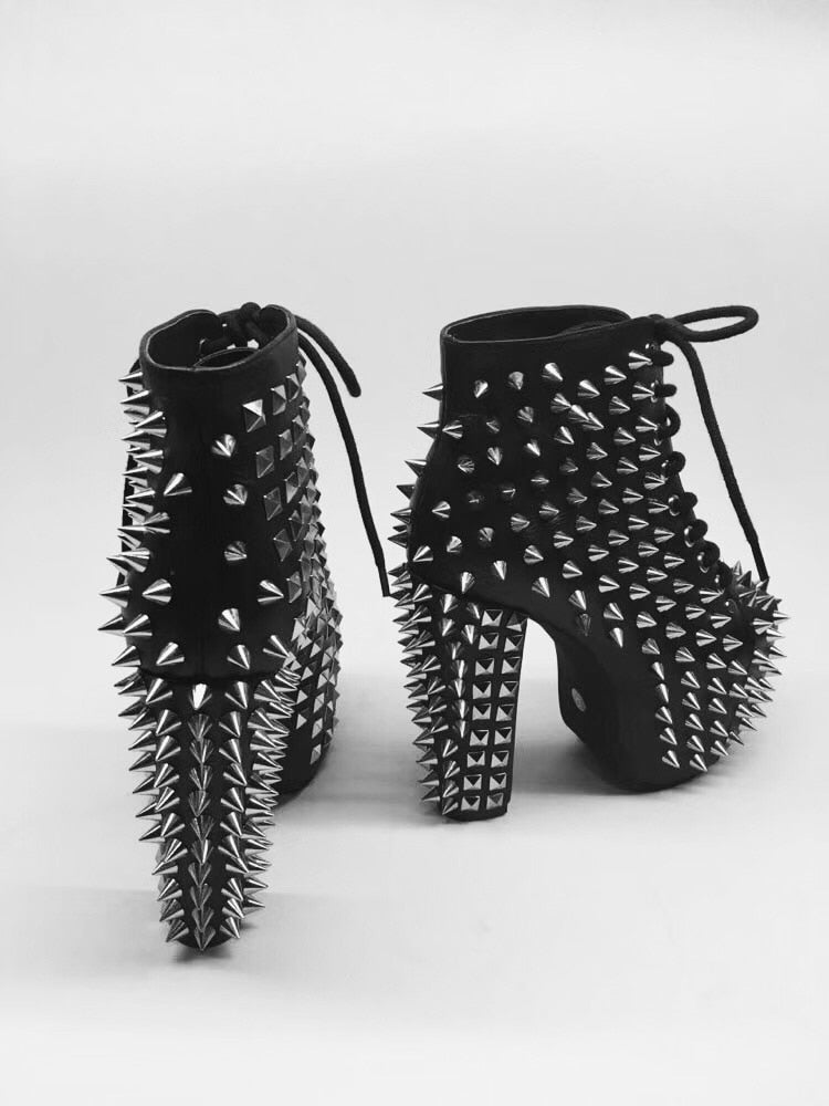 Black Genuine Leather Women Ankle Boots Platform Spike Winter Botas Mujer Punk Design Bottine Femme Shoes Woman Short Botines