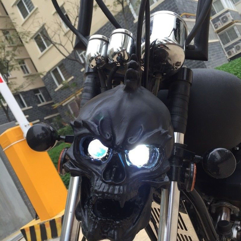 Black LED Skull Head Light Headlight Lamp for Harley Honda Yamaha Suzuki Chopper Motorcycle