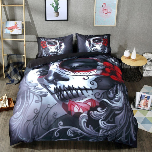 Black Skull Bedding Set Halloween Style Bed Sheet Queen King Double Bed Linen Cotton Blend Flower Skull Duvet Cover Set Blankets