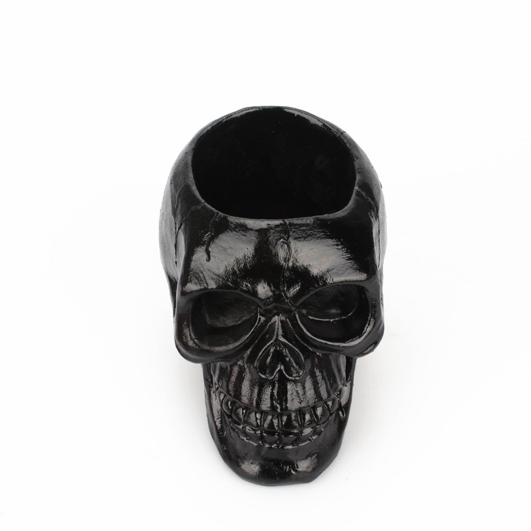 Black Skull Head Figurine Ornament Stationery Pencil Pen Holder Organizer Container