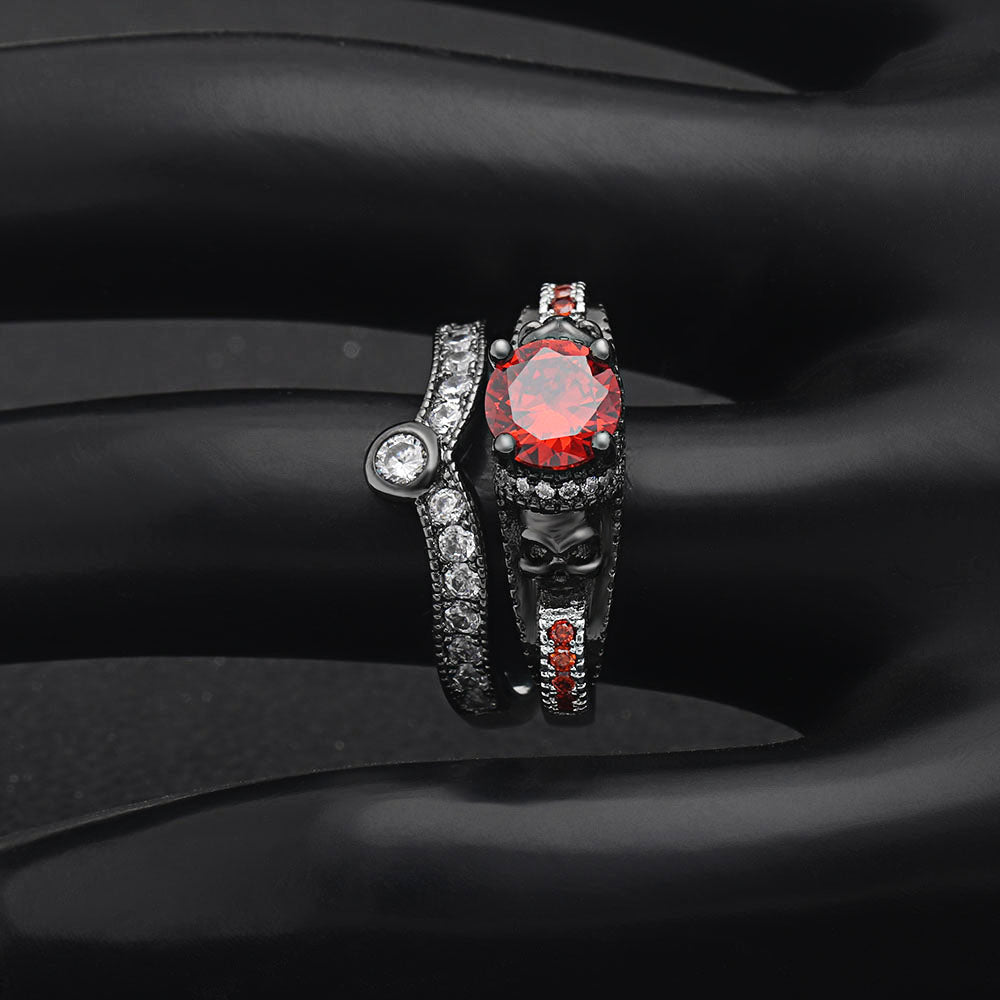 Black Skull Ring Set 925 Sterling Silver Color Fashion Wedding & Engagement Crystal Ring Set Jewelry For Women
