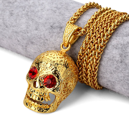 Bling Gold Red  Stone Eyes Ghost Rhinestone Pendants Necklaces Men Women Hip Hop Crystal Skull Head Jewelry Gifts Chains