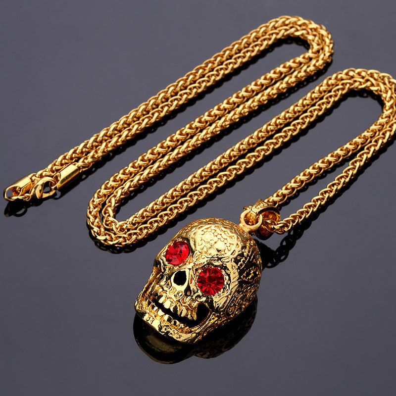 Bling Gold Red  Stone Eyes Ghost Rhinestone Pendants Necklaces Men Women Hip Hop Crystal Skull Head Jewelry Gifts Chains