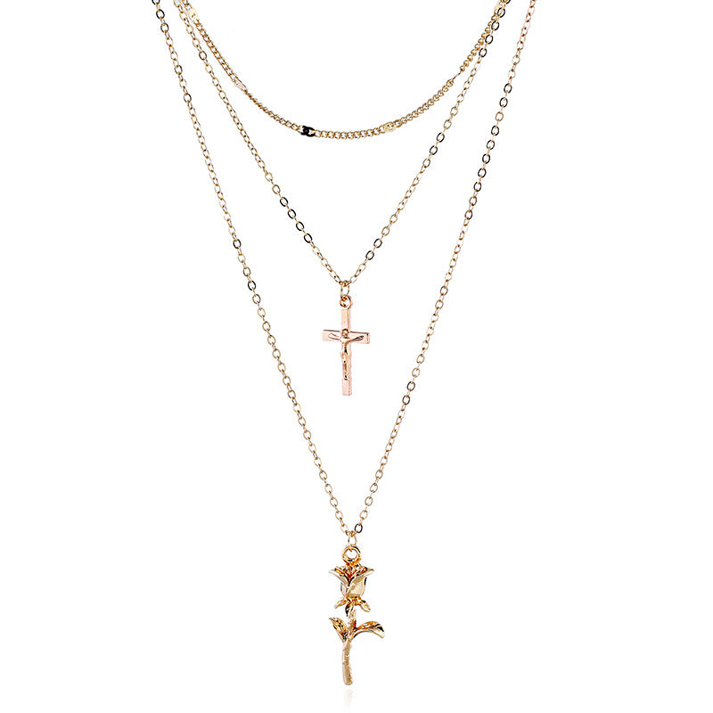 Bohemian Multilayer Rose Cross Pendant Necklace for Women Vintage Gold Color Party Charms Choker Necklace Collar Jewelry Gift