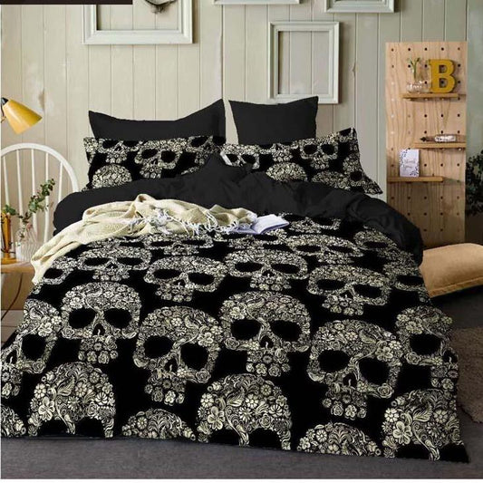 Black Color Duvet Cover Queen Size Luxury Sugar Skull Bedding Set