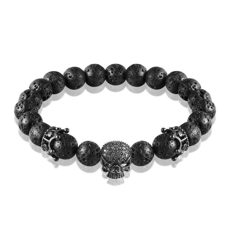 Brand Fashion Natural Beads Strand Bracelet Micro Pave CZ Black Skeleton Skull Corwn Lava Rock Stone Energy Men Buddha Jewelry