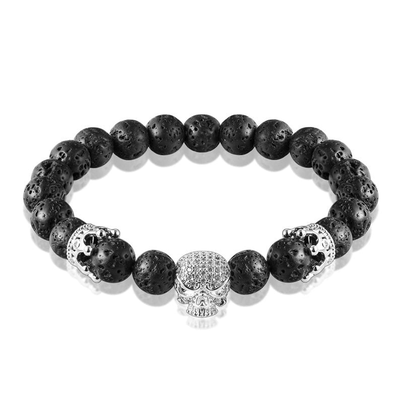 Brand Fashion Natural Beads Strand Bracelet Micro Pave CZ Black Skeleton Skull Corwn Lava Rock Stone Energy Men Buddha Jewelry