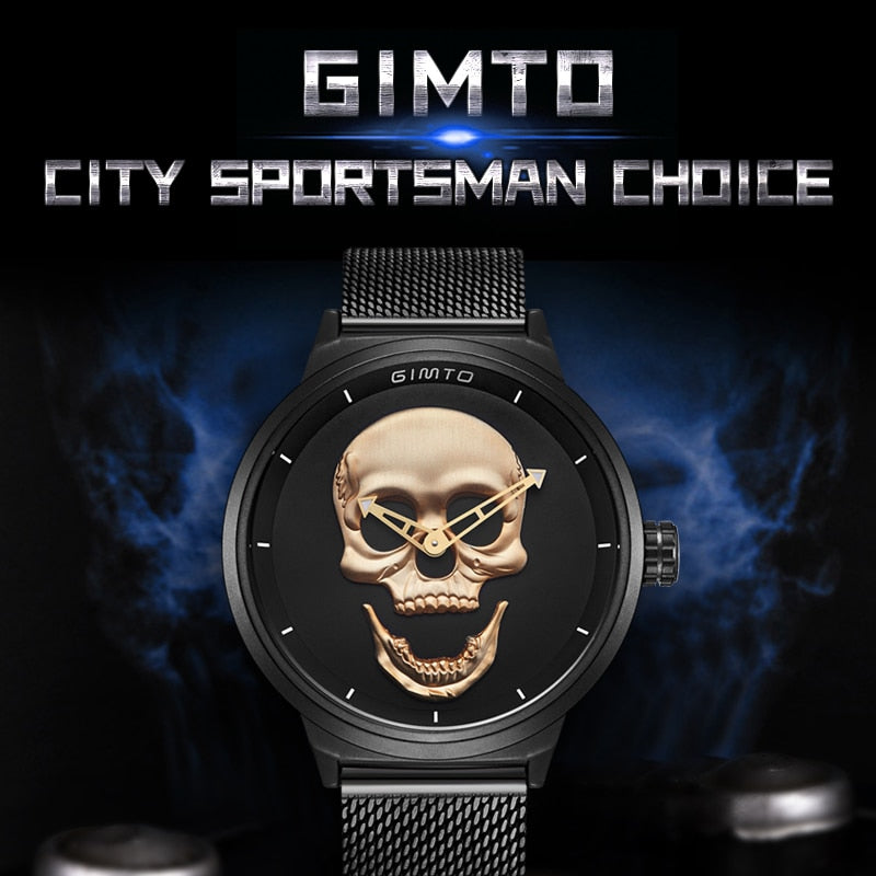 Brand New Style 3D Skull Men Watch Gift Leather Steel or Mesh  Waterproof Clock