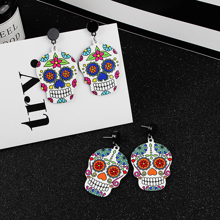 Calavera Cross Skull Earrings Celebrate Mexican Day of the Dead Halloween Acrylic Cute Skull Earring For Women