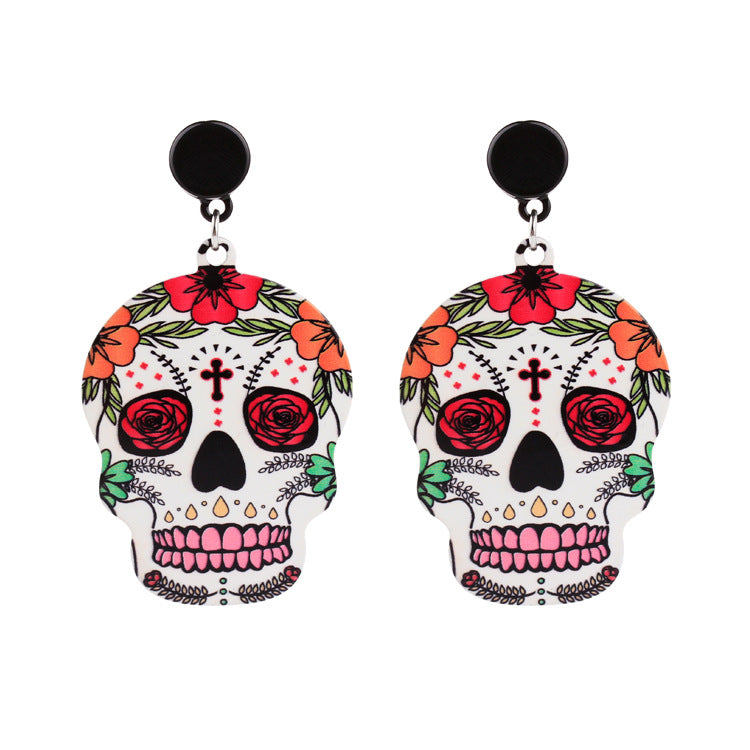 Calavera Cross Skull Earrings Celebrate Mexican Day of the Dead Halloween Acrylic Cute Skull Earring For Women