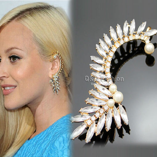 Celebrity Blogger Fav Gold Crystal Pearl Flower Stone Ear Clip Cuff Earring Jewelry