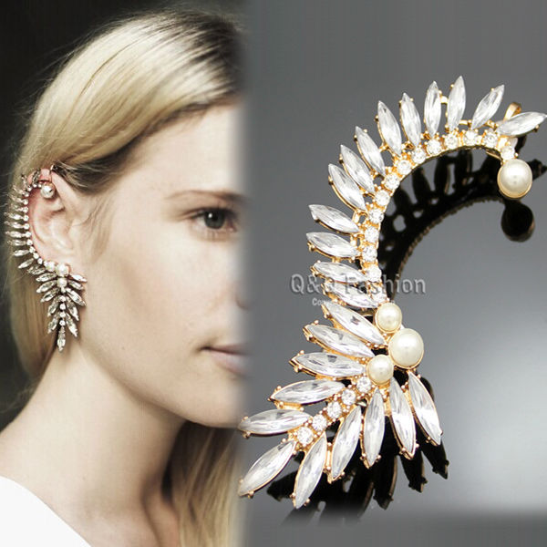 Celebrity Blogger Fav Gold Crystal Pearl Flower Stone Ear Clip Cuff Earring Jewelry