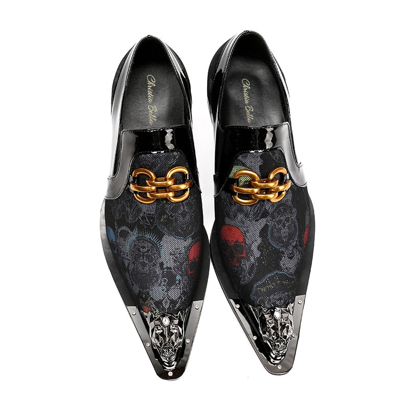 Fashion Skull Print Genuine Leather Men Shoes Party Formal Dress Shoes