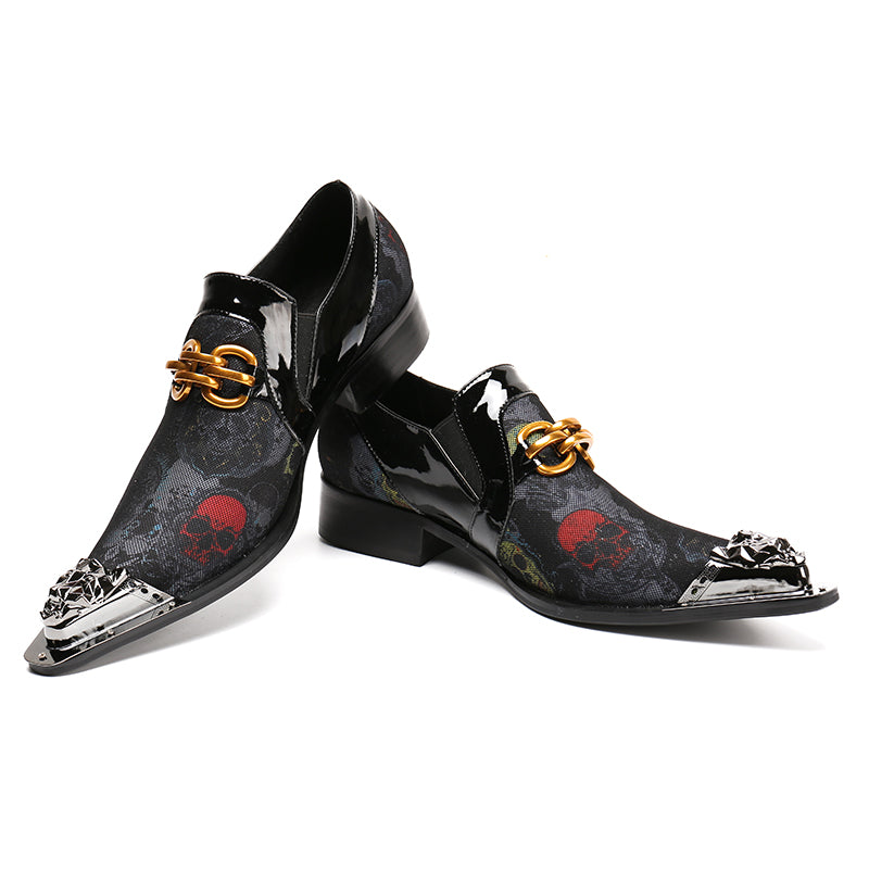 Fashion Skull Print Genuine Leather Men Shoes Party Formal Dress Shoes