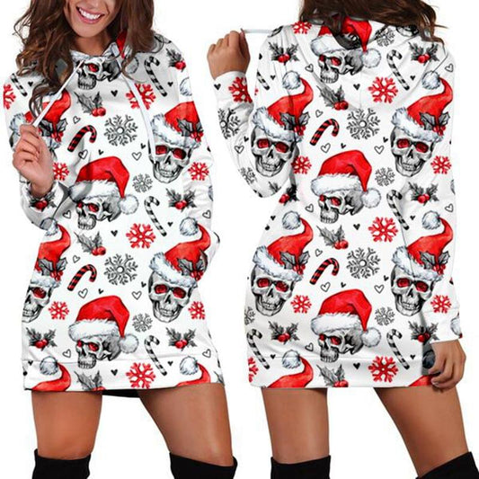 Christmas White Snowflake Skull Women Hoodie Dress
